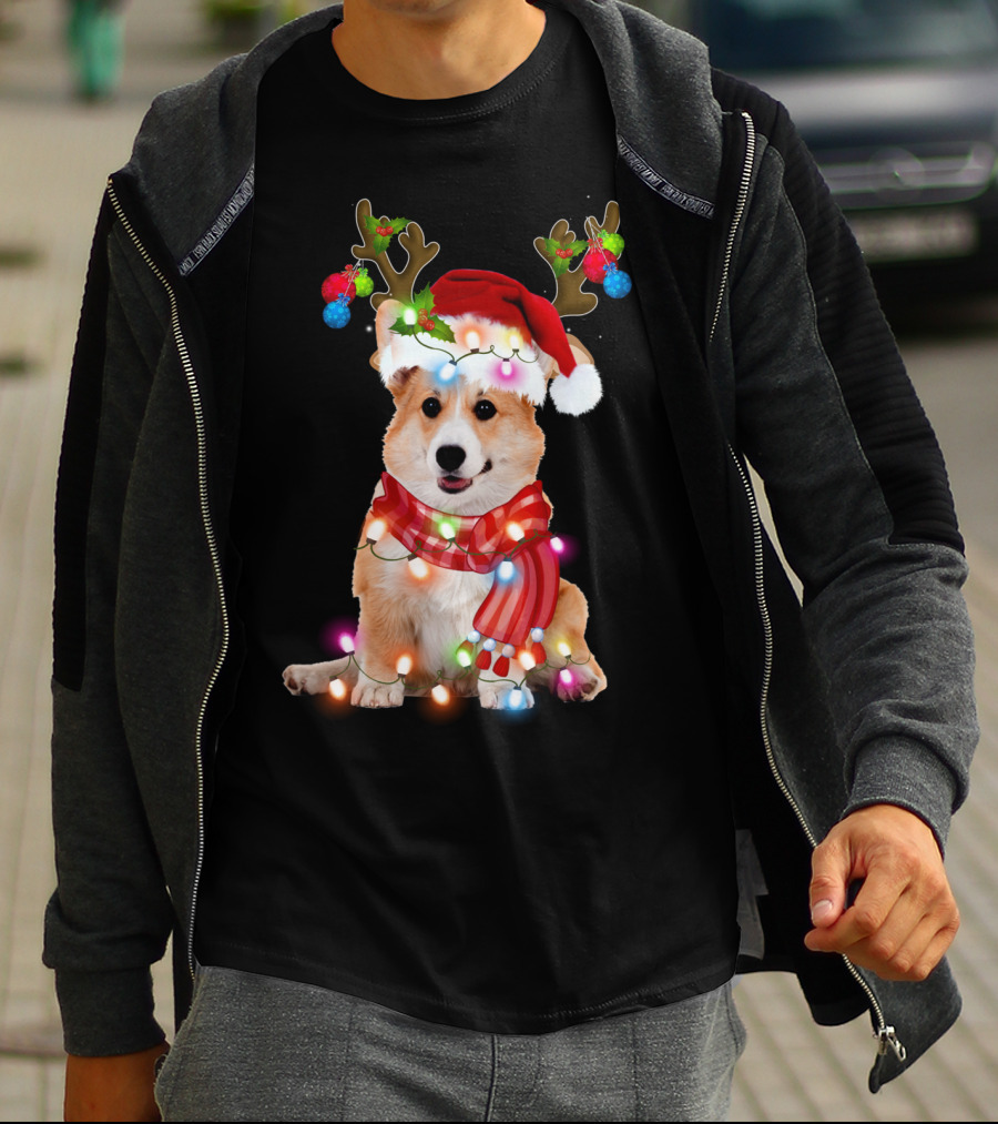 Corgi Christmas Reindeer Antlers Festive Lights And Santa Hat T-Shirt