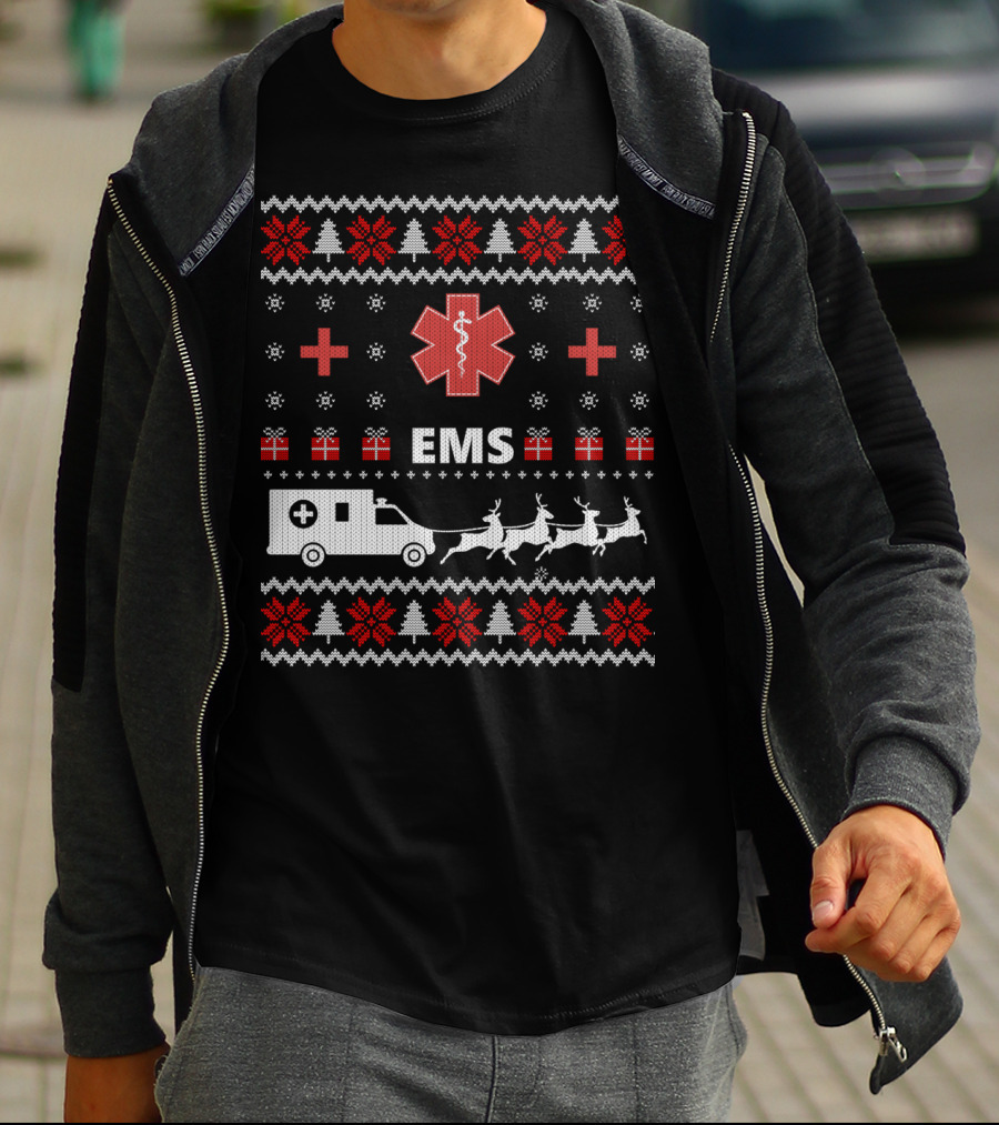 Funny EMS Christmas Ambulance Reindeer Ugly T-Shirt