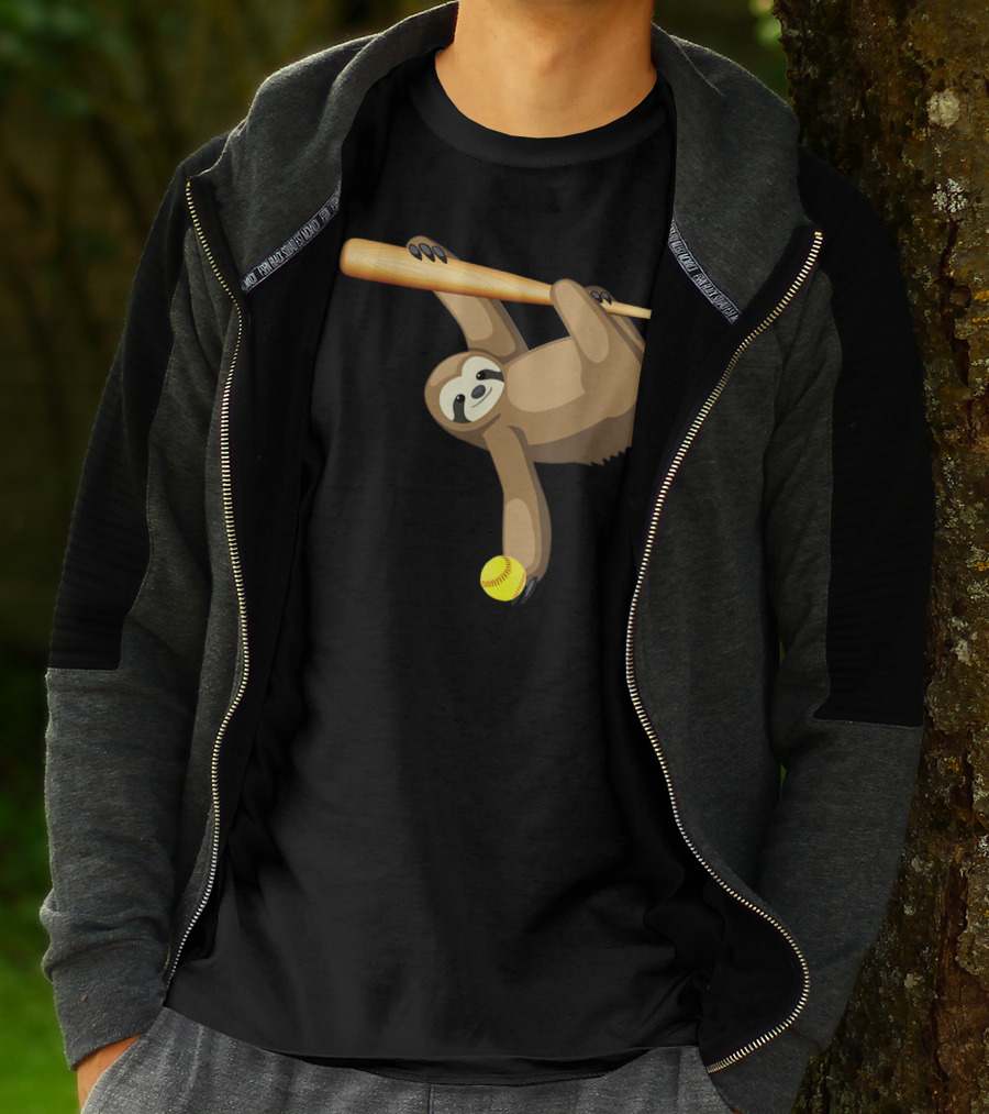 Funny Lazy Sloth Playing Baseball Softball With Bat And Ball T-Shirt