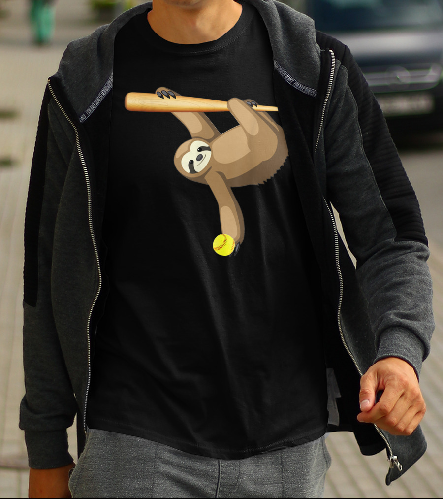 Funny Lazy Sloth Playing Baseball Softball With Bat And Ball T-Shirt
