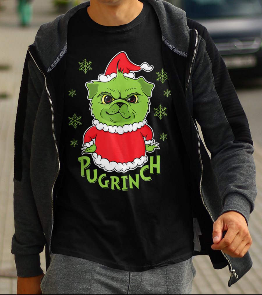 Pugrinch Funny Pug Dog In Christmas Santa Hat With Snowflakes T-Shirt