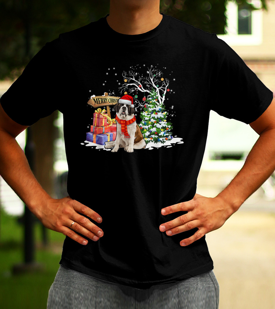 Merry Christmas Saint Bernard Santa Holiday Scene T-Shirt