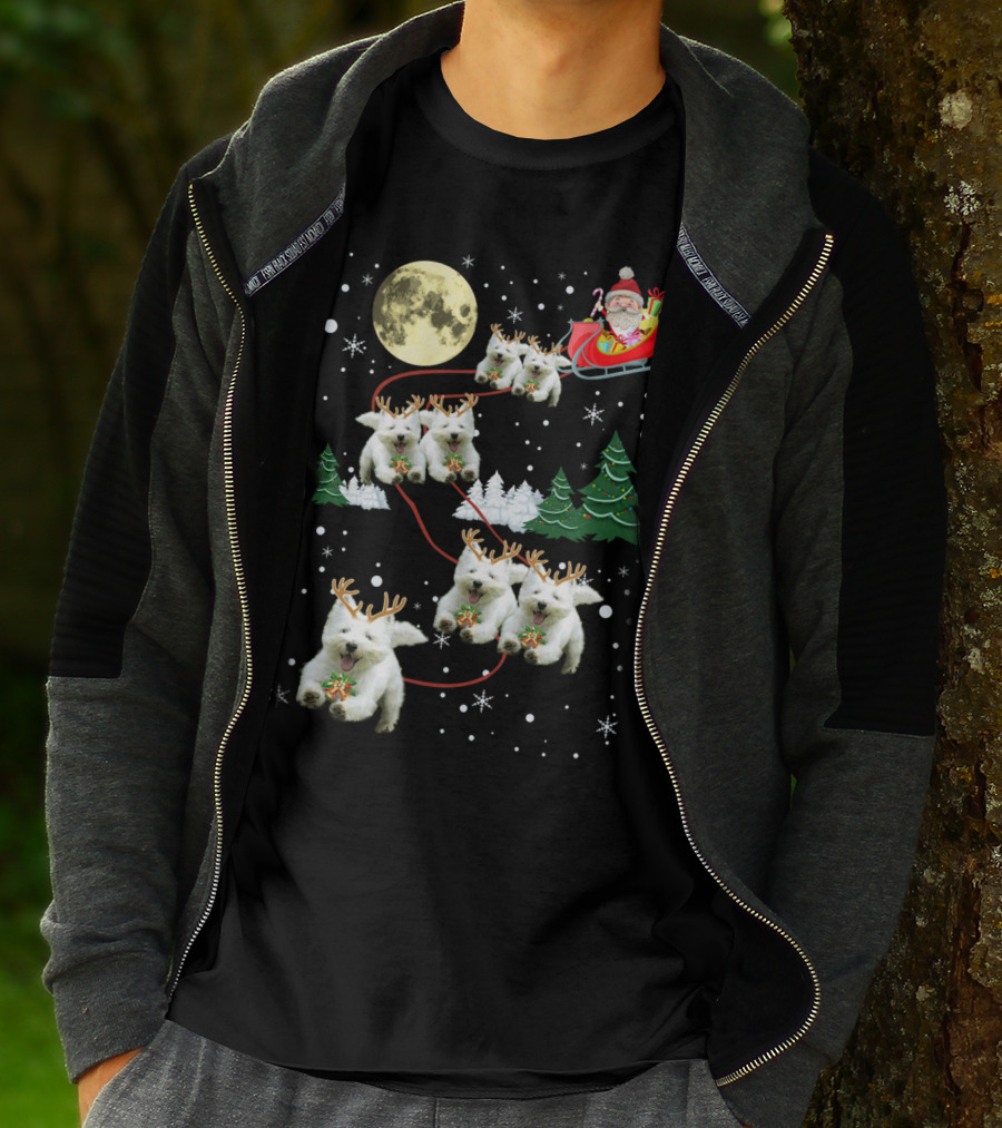 Santa's Sleigh Pulled By Funny Westie Puppies Under Moonlit Christmas Sky T-Shirt
