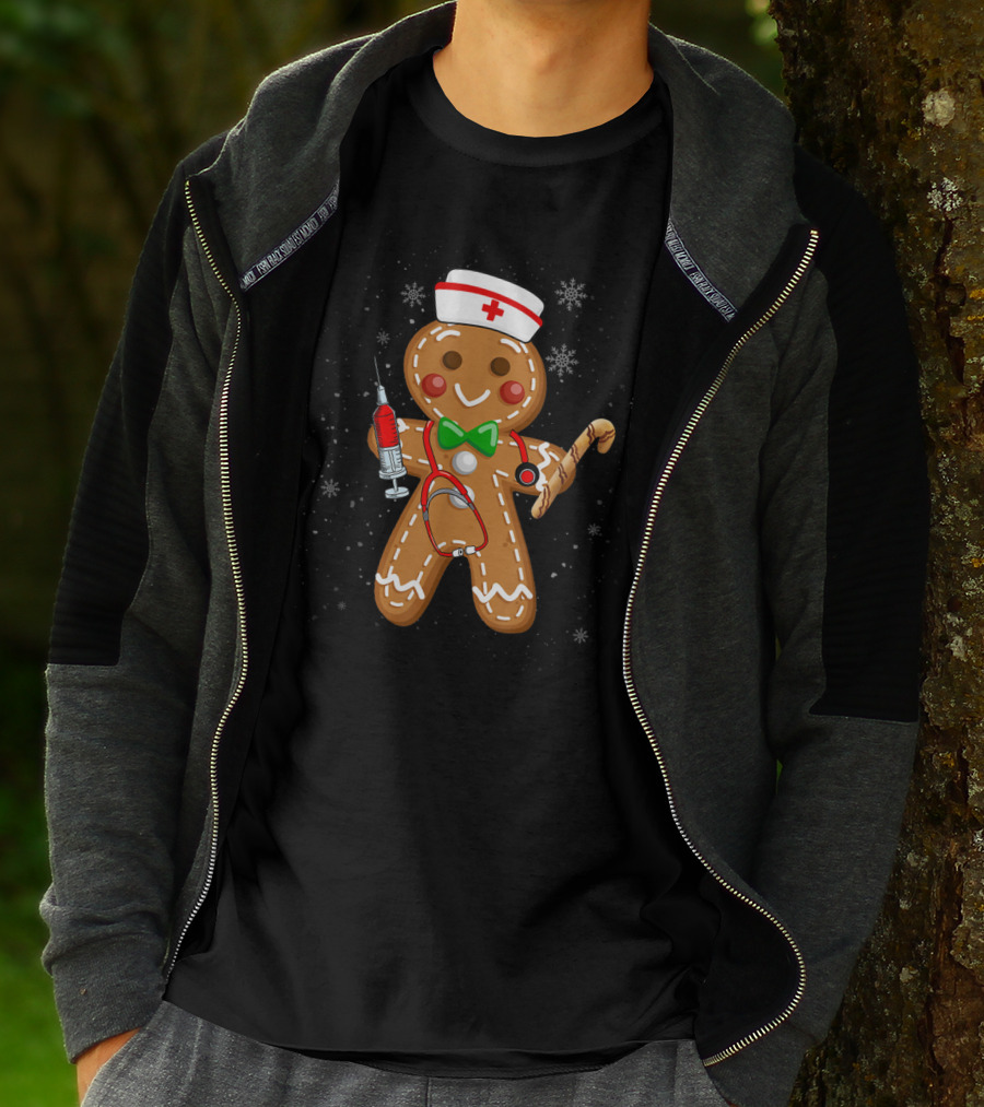 Gingerbread Nurse With Syringe And Stethoscope Christmas Holiday Fun T-Shirt
