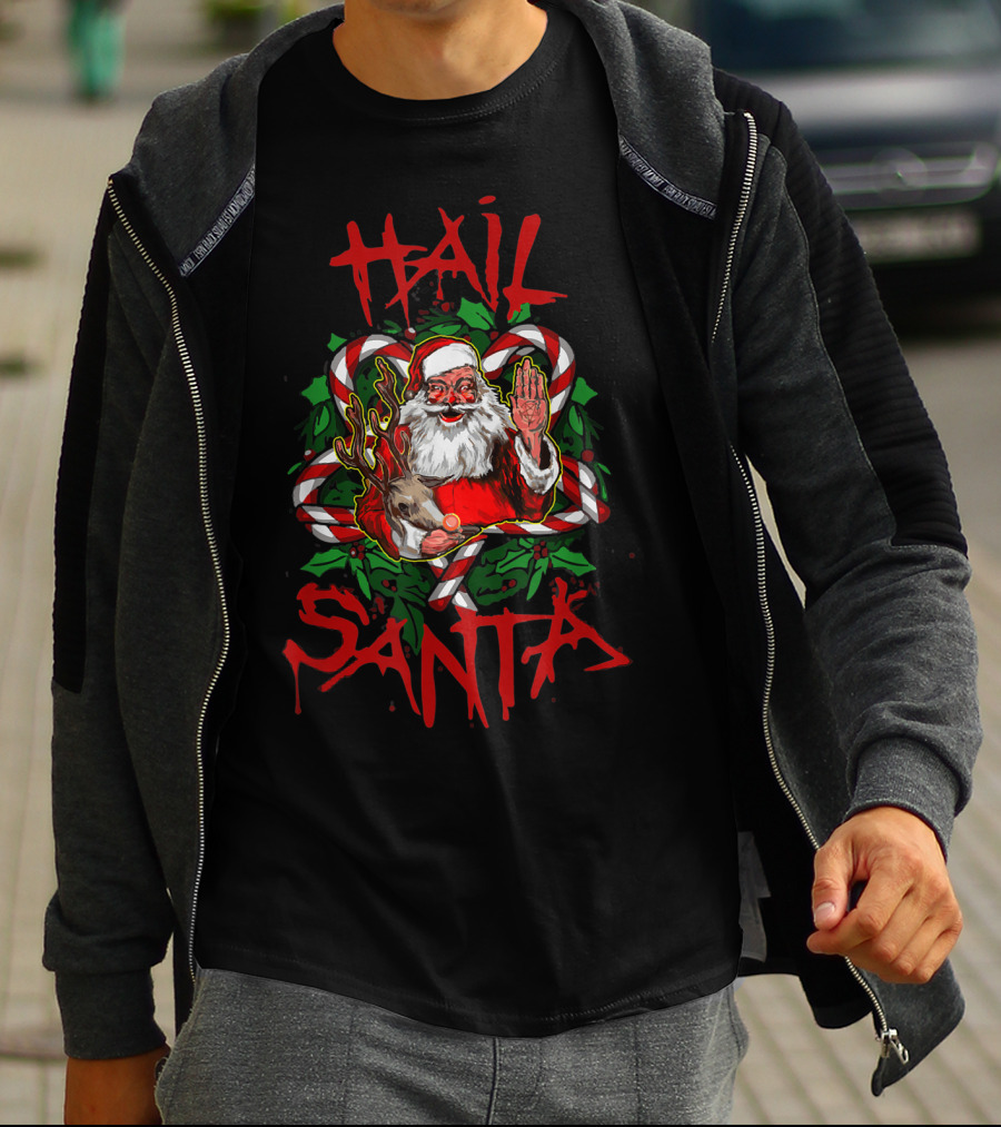 Hail Santa Funny Sleigher Christmas Rock Metal Santa With Reindeer And Candy Cane T-Shirt