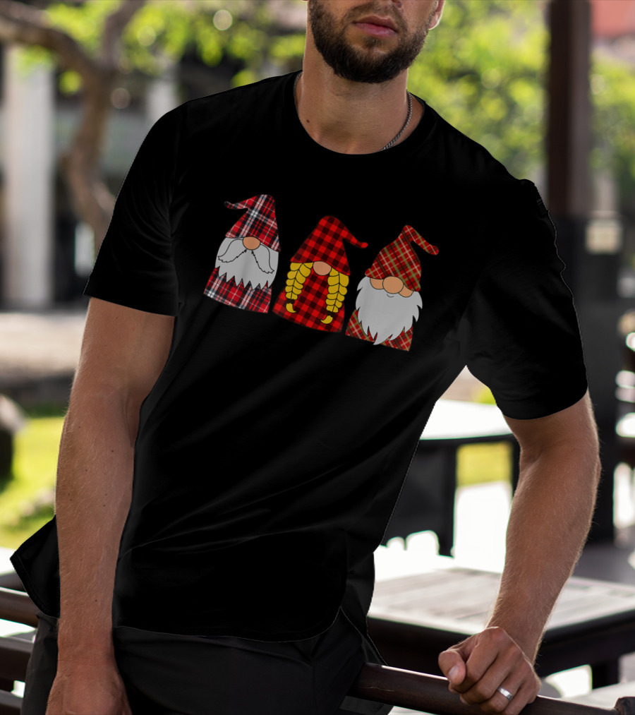Hanging With Three Red Plaid Gnomies Gnome T-Shirt