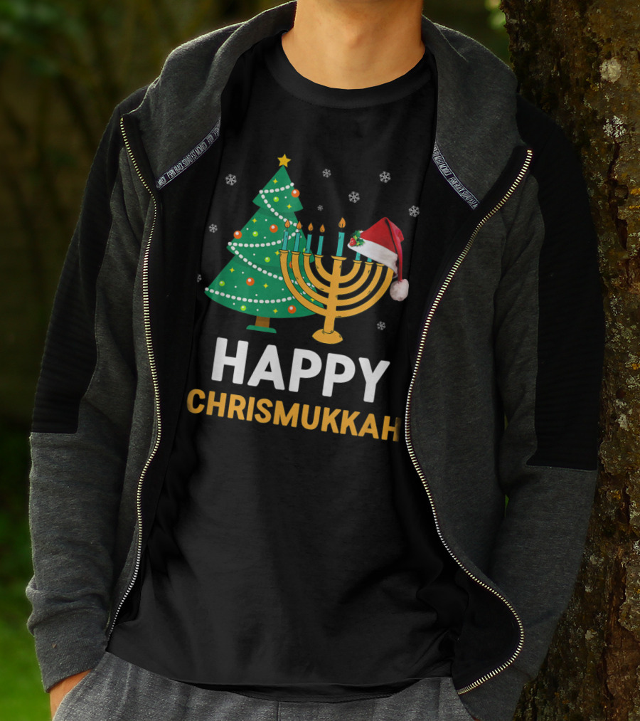 Happy Chrismukkah Funny Hanukkah Christmas Tree Menorah Santa Hat Snowflakes T-Shirt