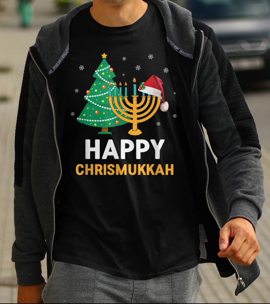 Happy Chrismukkah Funny Hanukkah Christmas Tree Menorah Santa Hat Snowflakes T-Shirt