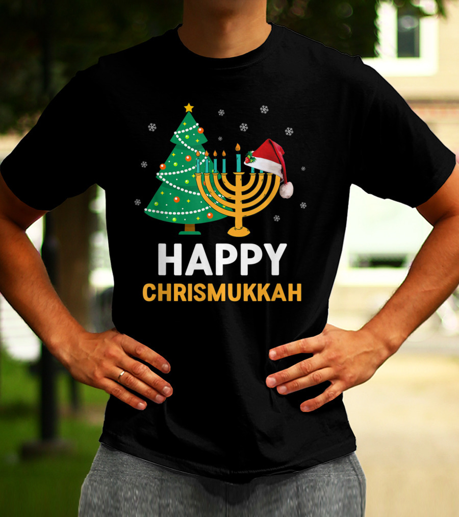 Happy Chrismukkah Funny Hanukkah Christmas Tree Menorah Santa Hat Snowflakes T-Shirt