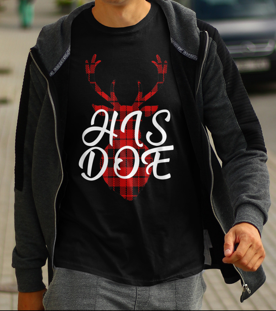 His Doe Couples Matching Red Buffalo Plaid Deer Head T-Shirt