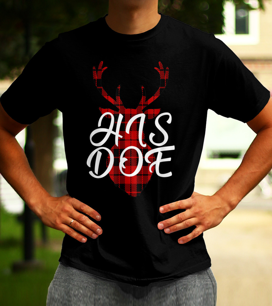 His Doe Couples Matching Red Buffalo Plaid Deer Head T-Shirt