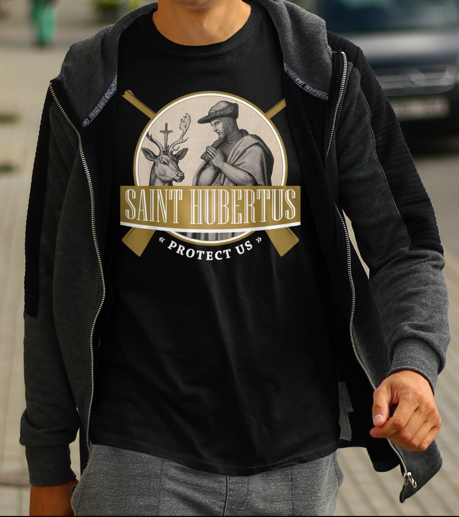 Saint Hubertus Protect Us Hubertus Patron Saint Of Hunters Hubert Rifle T-Shirt