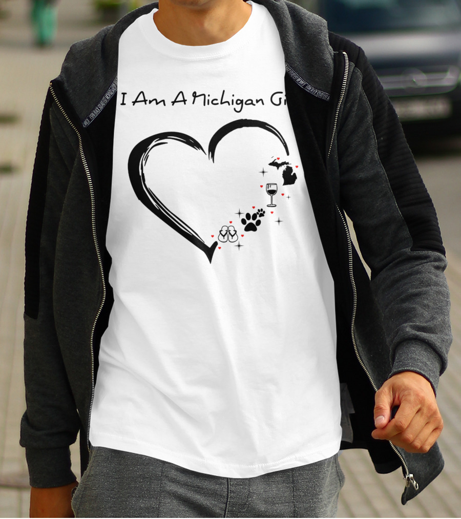 I Am A Michigan Girl Heart Wine Glass Dog Paw Print Flip Flops T-Shirt