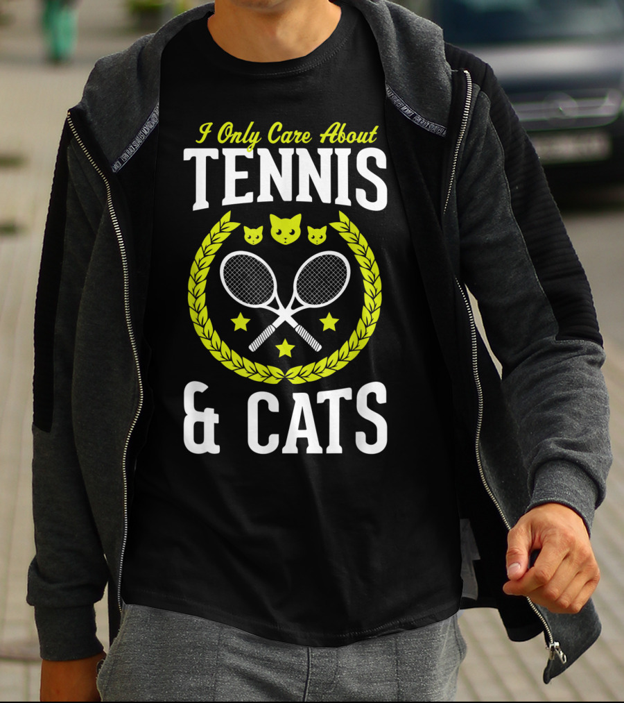 I Only Care About Tennis And Cats Funny Tennis Rackets Cat Faces Laurel Stars T-Shirt