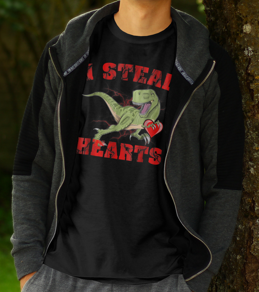 I Steal Hearts Valentine's Day Dinosaur Rex E2 Funny T-Rex Holding Heart T-Shirt