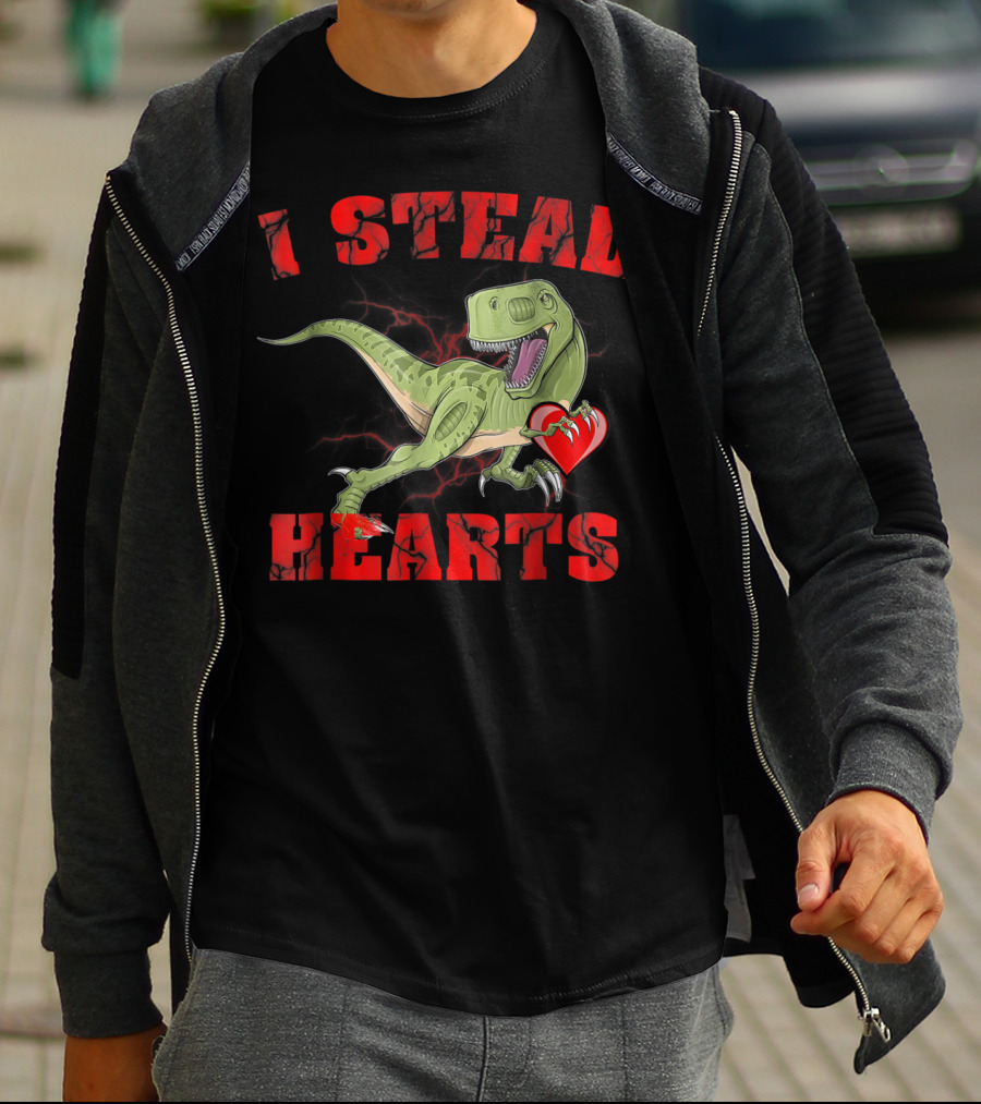 I Steal Hearts Valentine's Day Dinosaur Rex E2 Funny T-Rex Holding Heart T-Shirt