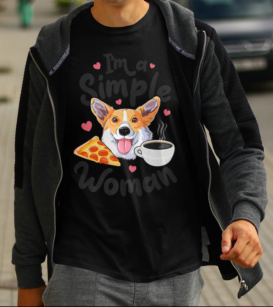 I'm A Simple Woman Corgi Dog Coffee Pizza Hearts T-Shirt