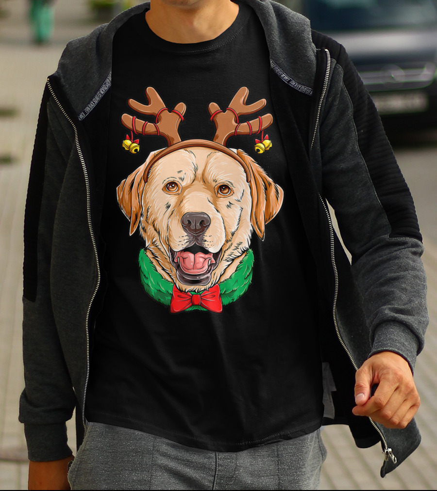 Labrador With Christmas Reindeer Antlers And Bow Tie Dog Xmas O7 T-Shirt