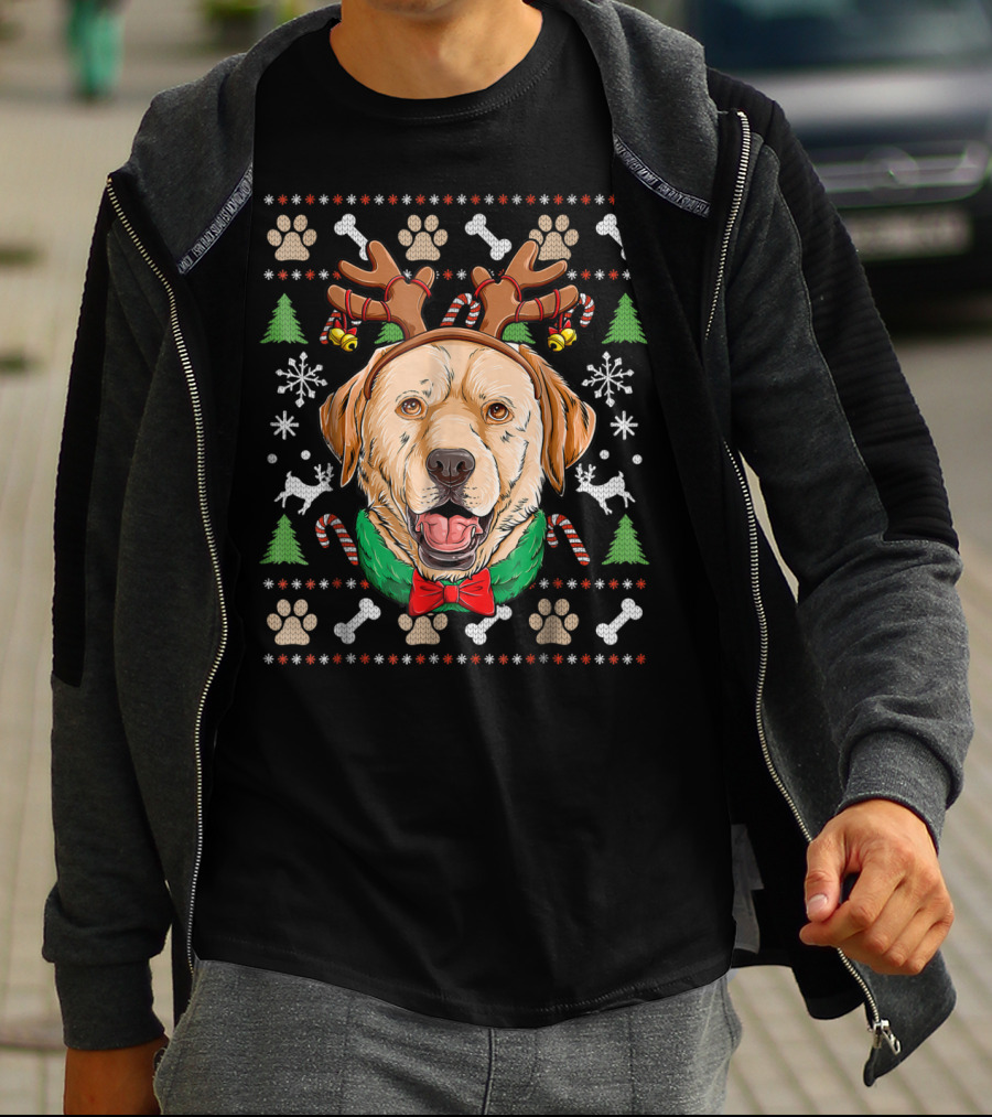 Labrador Reindeer Antlers Ugly Christmas Dog With Candy Canes And Paw Prints T-Shirt