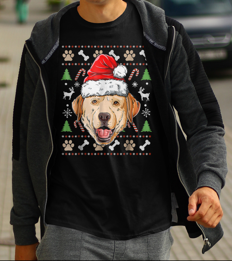 Labrador Ugly Christmas Sweater Santa Hat Xmas Dog Candy Cane Paw Print Snowflake T-Shirt