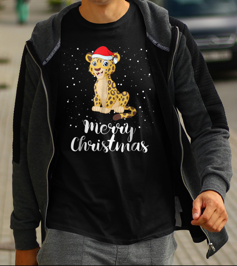 Merry Christmas Leopard Santa Hat Matching Family Group T-Shirt