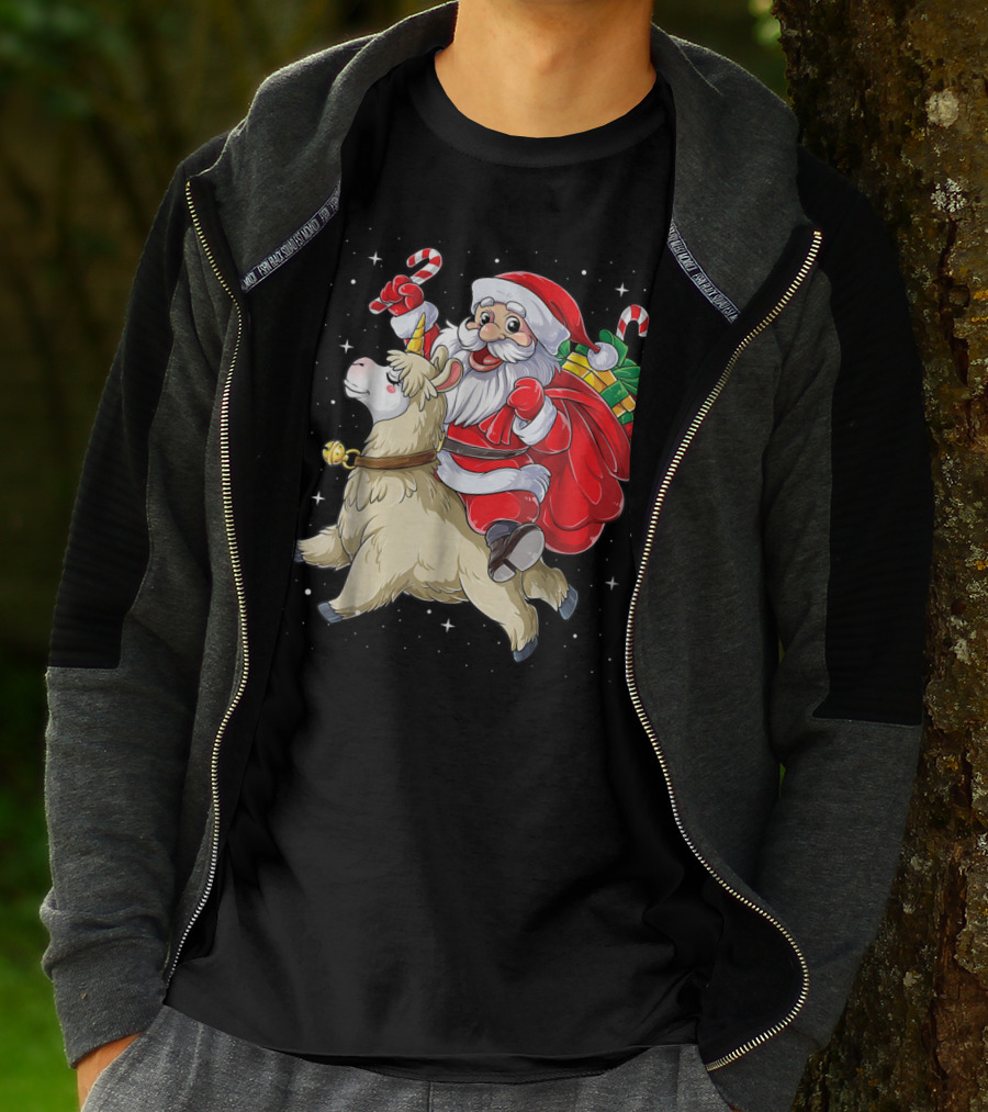 Santa Claus Riding Llamacorn Unicorn With Candy Canes And Gifts T-Shirt