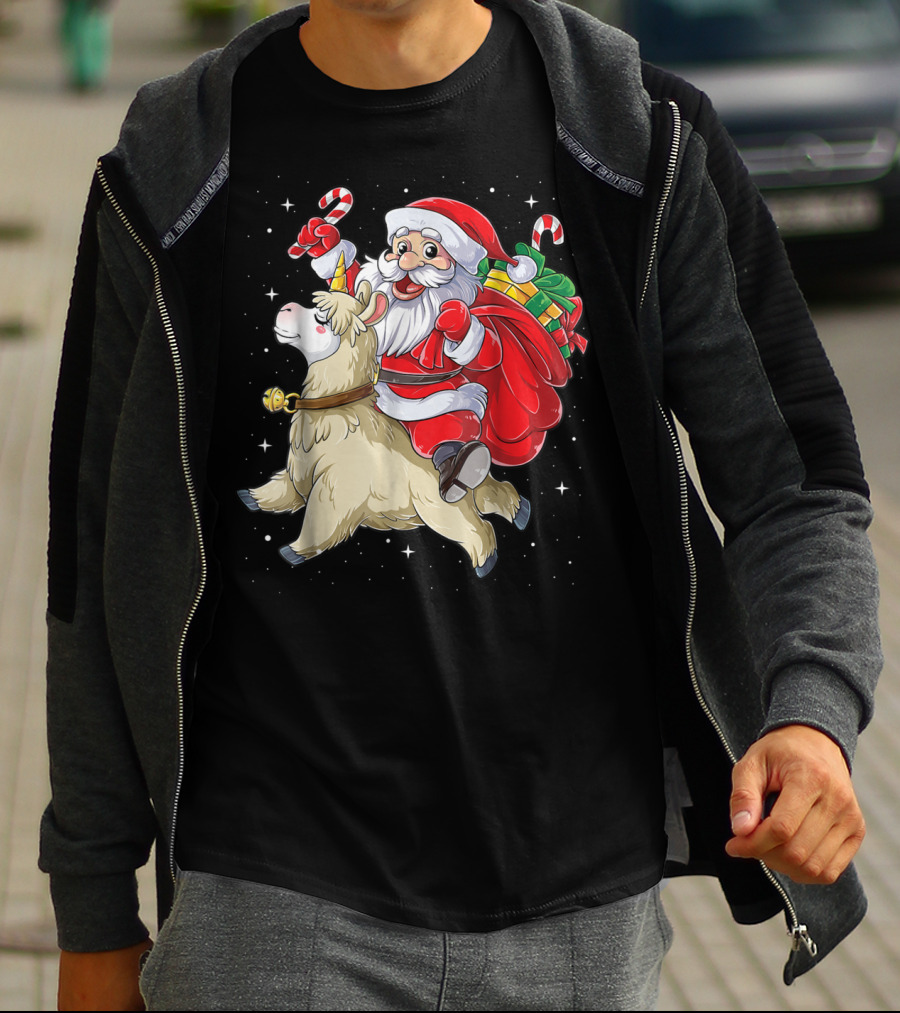 Santa Claus Riding Llamacorn Unicorn With Candy Canes And Gifts T-Shirt