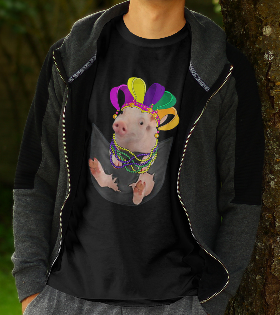 Mardi Gras Pig In Your Pocket With Colorful Beads And Jester Hat Farm Animal T-Shirt
