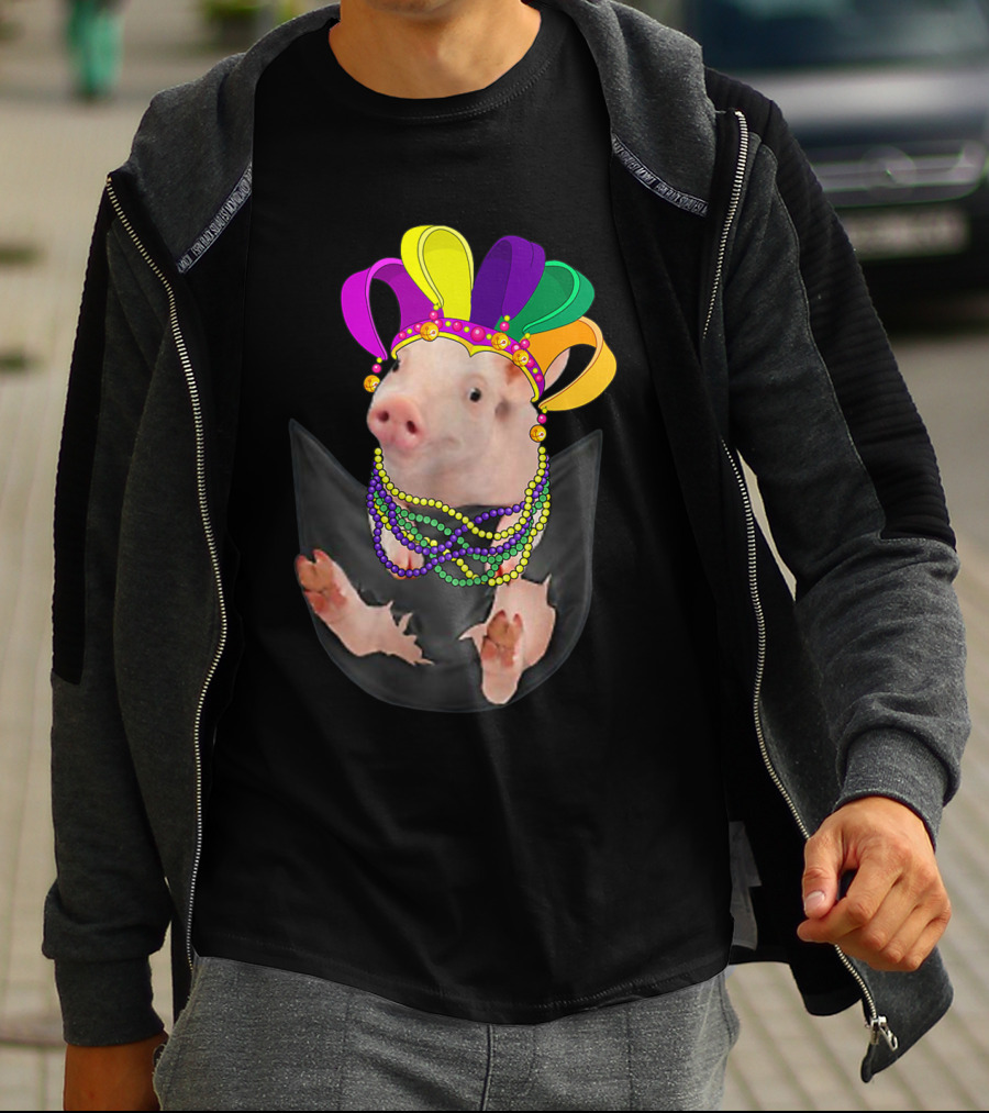Mardi Gras Pig In Your Pocket With Colorful Beads And Jester Hat Farm Animal T-Shirt