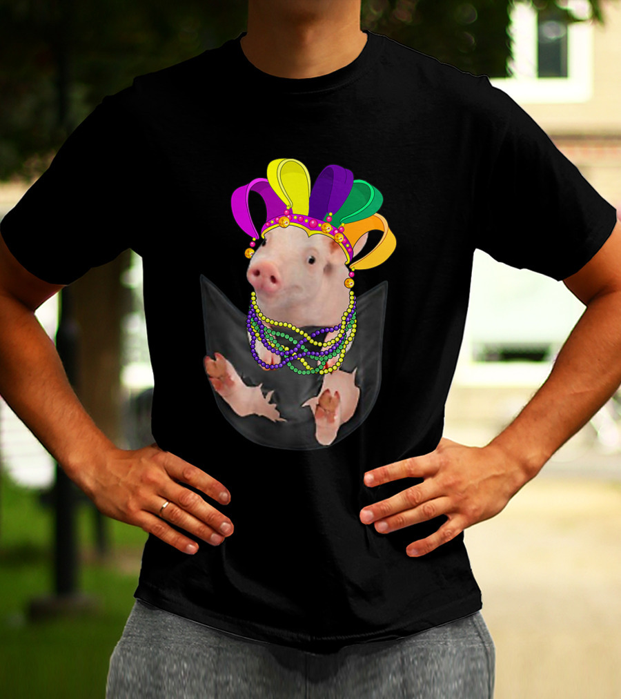 Mardi Gras Pig In Your Pocket With Colorful Beads And Jester Hat Farm Animal T-Shirt