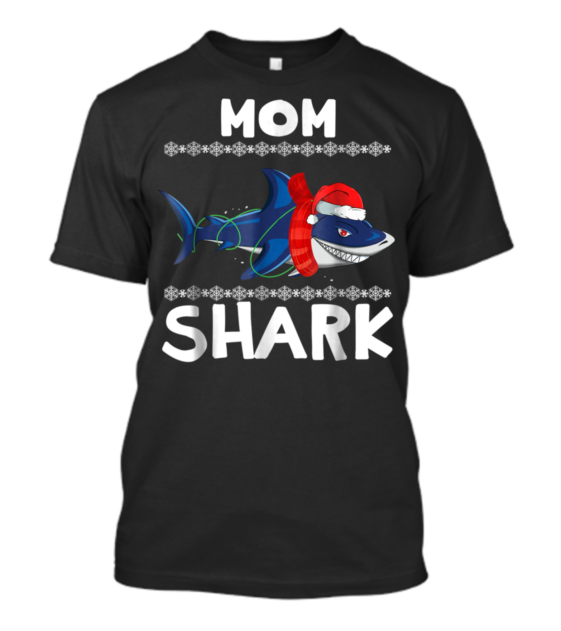 Mom Shark Christmas Santa Hat Snowflakes Family T-Shirt
