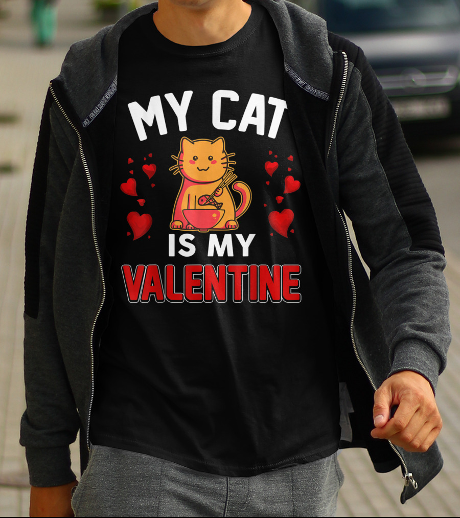 My Cat Is My Valentine Hearts And Cat Eating Noodles T-Shirt