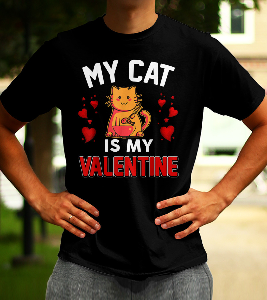 My Cat Is My Valentine Hearts And Cat Eating Noodles T-Shirt
