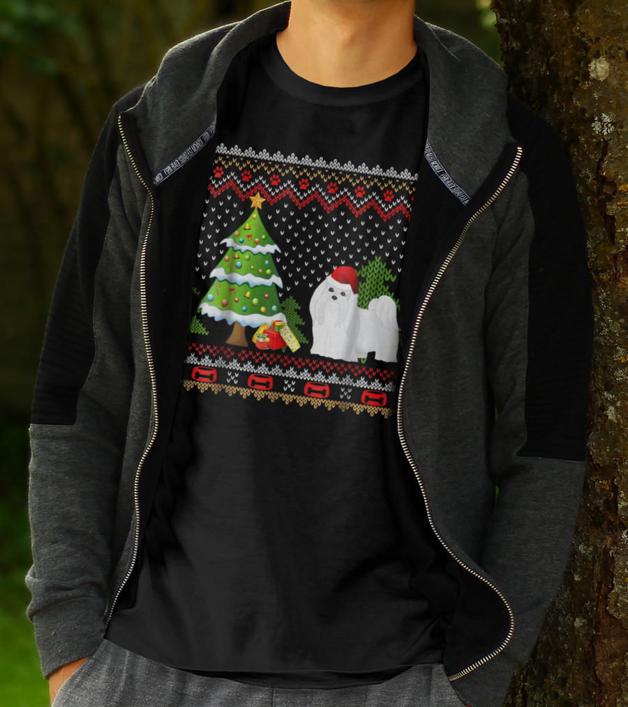 Maltese Santa Christmas UglyDog With Festive Tree And Gifts T-Shirt