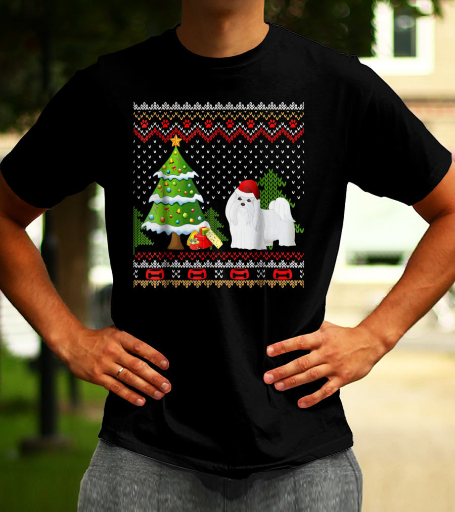 Maltese Santa Christmas UglyDog With Festive Tree And Gifts T-Shirt