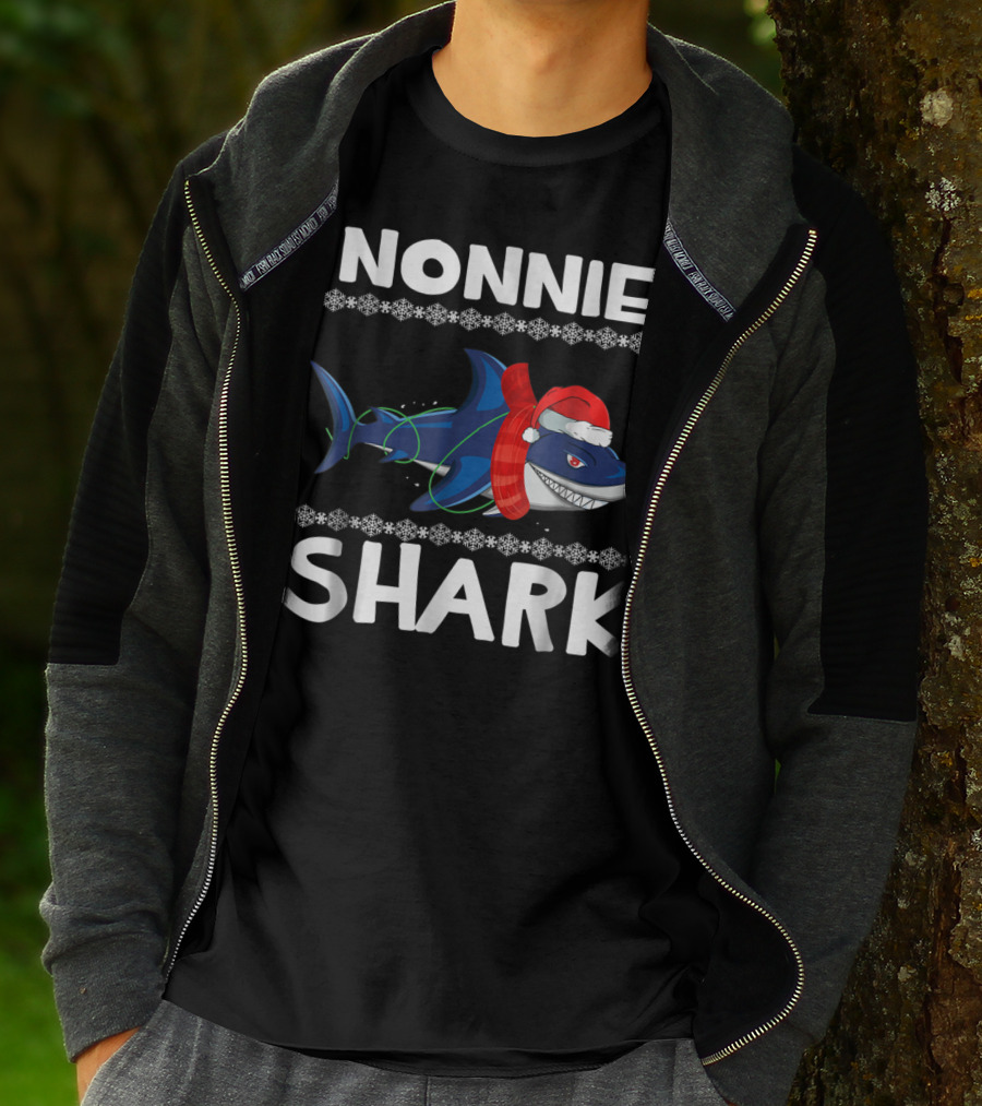 Nonnie Shark Christmas Family With Santa Hat And Scarf T-Shirt
