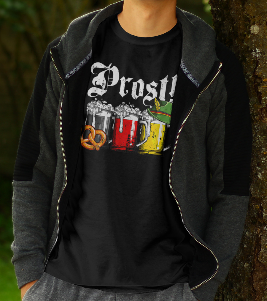 Prost Beer German Flag Oktoberfest With Pretzel And Bavarian Hat T-Shirt