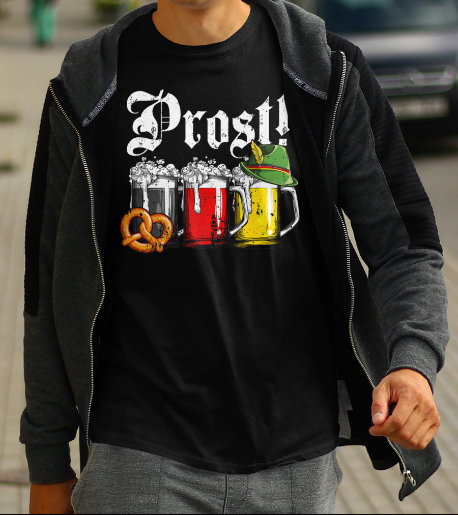 Prost Beer German Flag Oktoberfest With Pretzel And Bavarian Hat T-Shirt