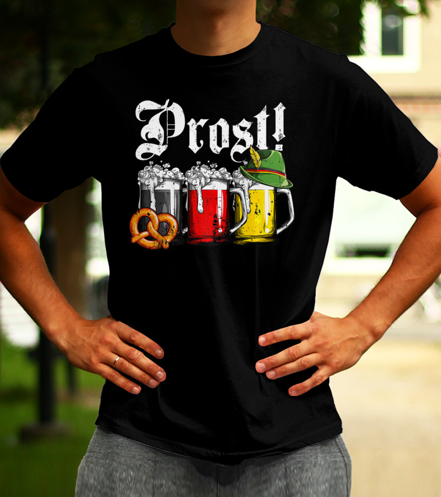 Prost Beer German Flag Oktoberfest With Pretzel And Bavarian Hat T-Shirt