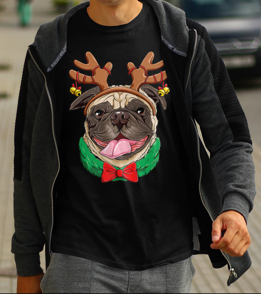 Pug Christmas Reindeer Antlers Dog Xmas Girls S6 Holiday Bow Wrapping Bells T-Shirt