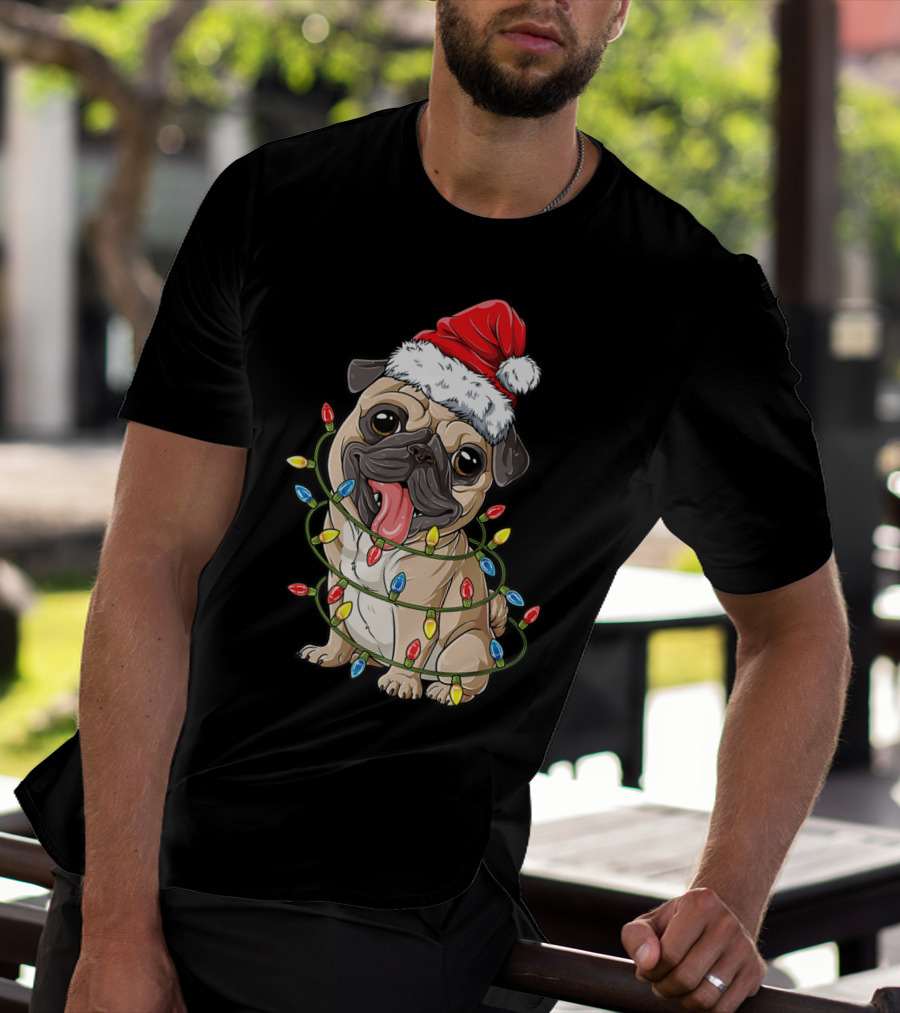 Pug Wearing Santa Hat Wrapped In Xmas Lights For Christmas T-Shirt