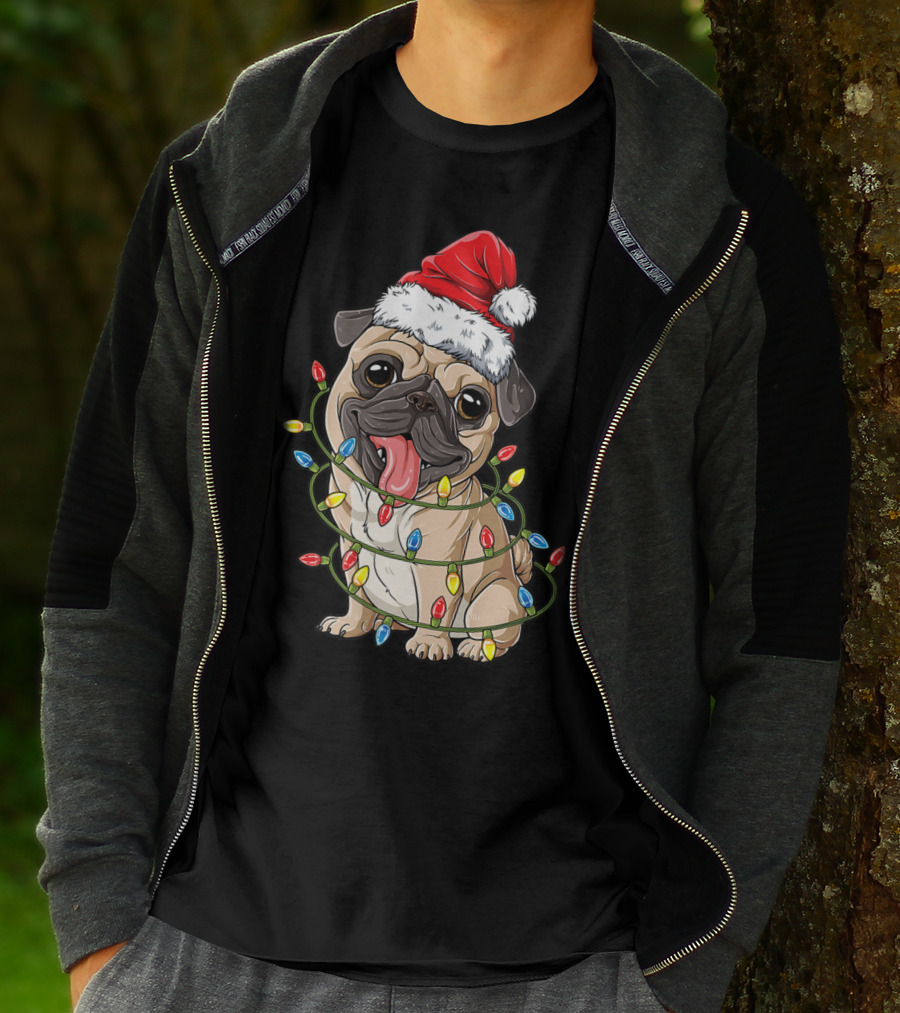 Pug Wearing Santa Hat Wrapped In Xmas Lights For Christmas T-Shirt