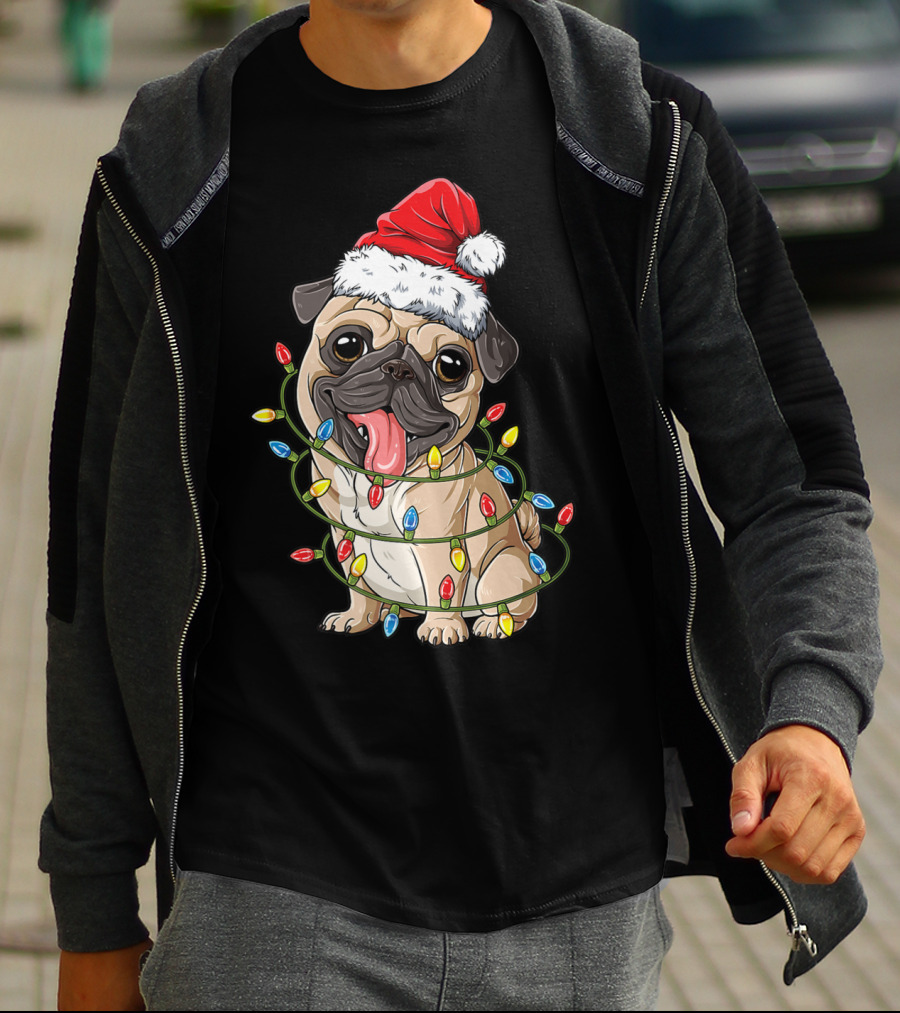 Pug Wearing Santa Hat Wrapped In Xmas Lights For Christmas T-Shirt