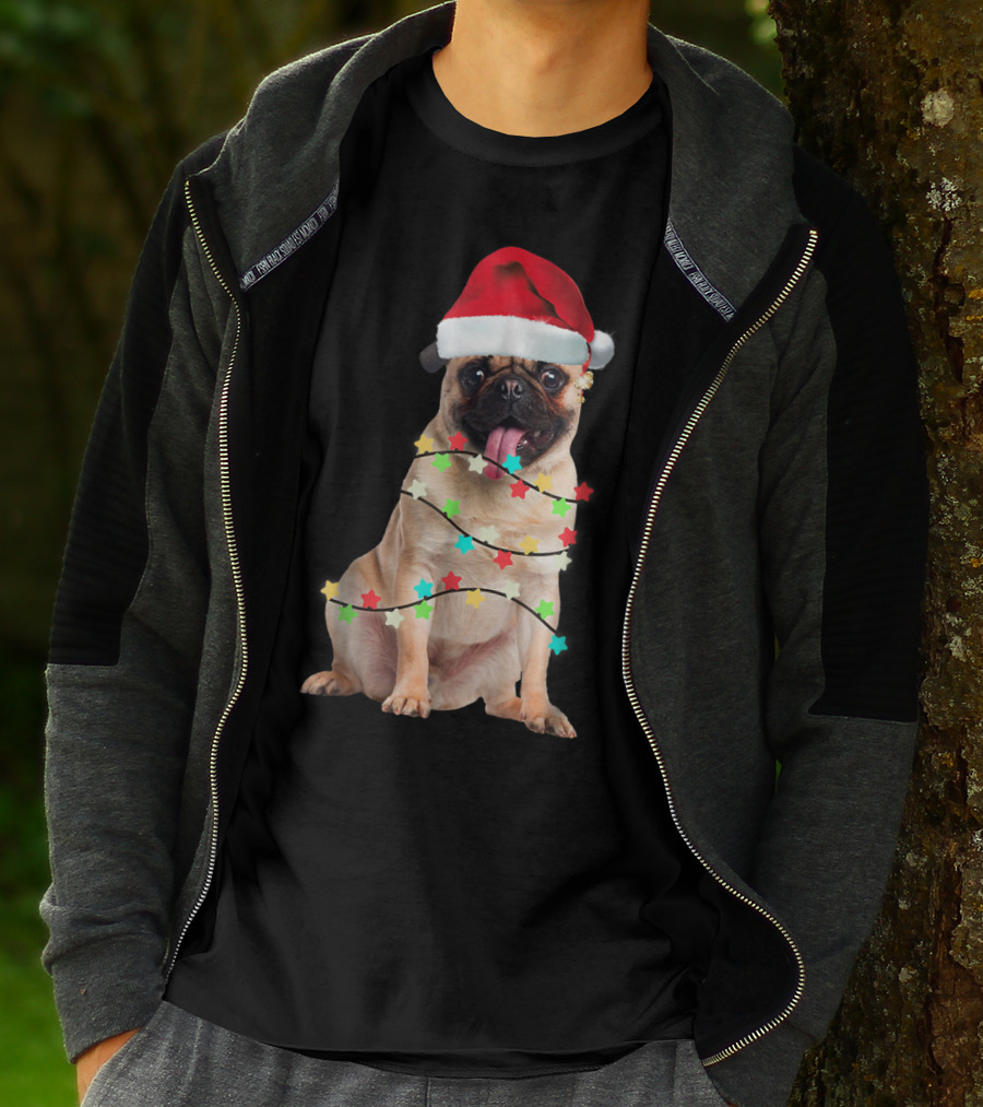 Pug Santa Christmas Light Wrapping Festive Holiday Hat T-Shirt