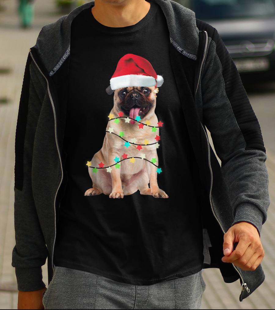 Pug Santa Christmas Light Wrapping Festive Holiday Hat T-Shirt