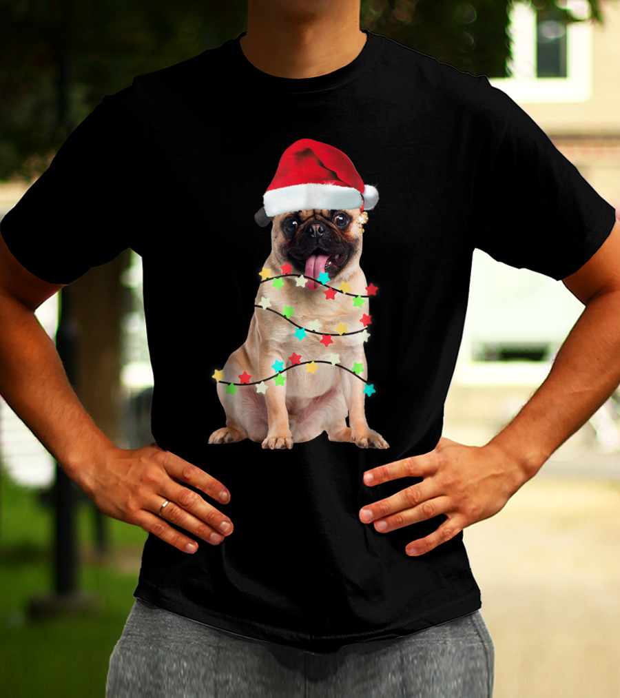 Pug Santa Christmas Light Wrapping Festive Holiday Hat T-Shirt