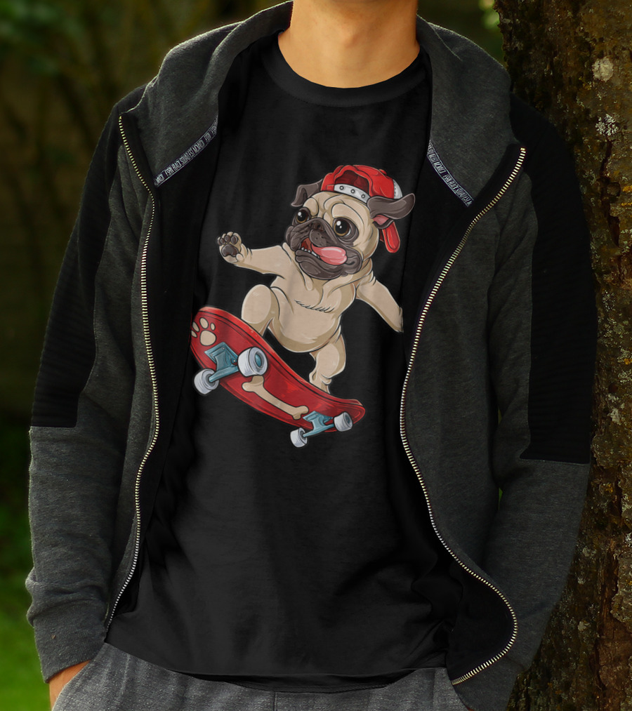 Pug Puppy Skater With Red Hat And Paw Print Skateboard T-Shirt