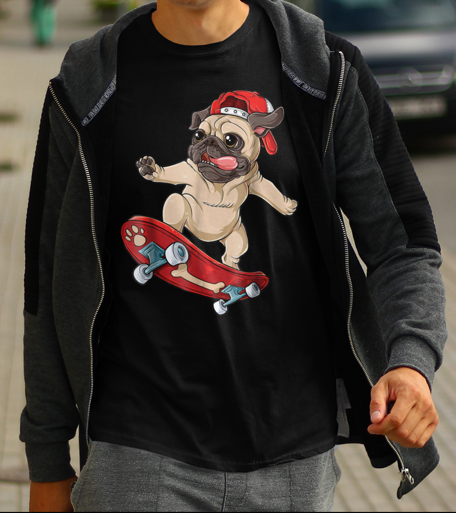 Pug Puppy Skater With Red Hat And Paw Print Skateboard T-Shirt