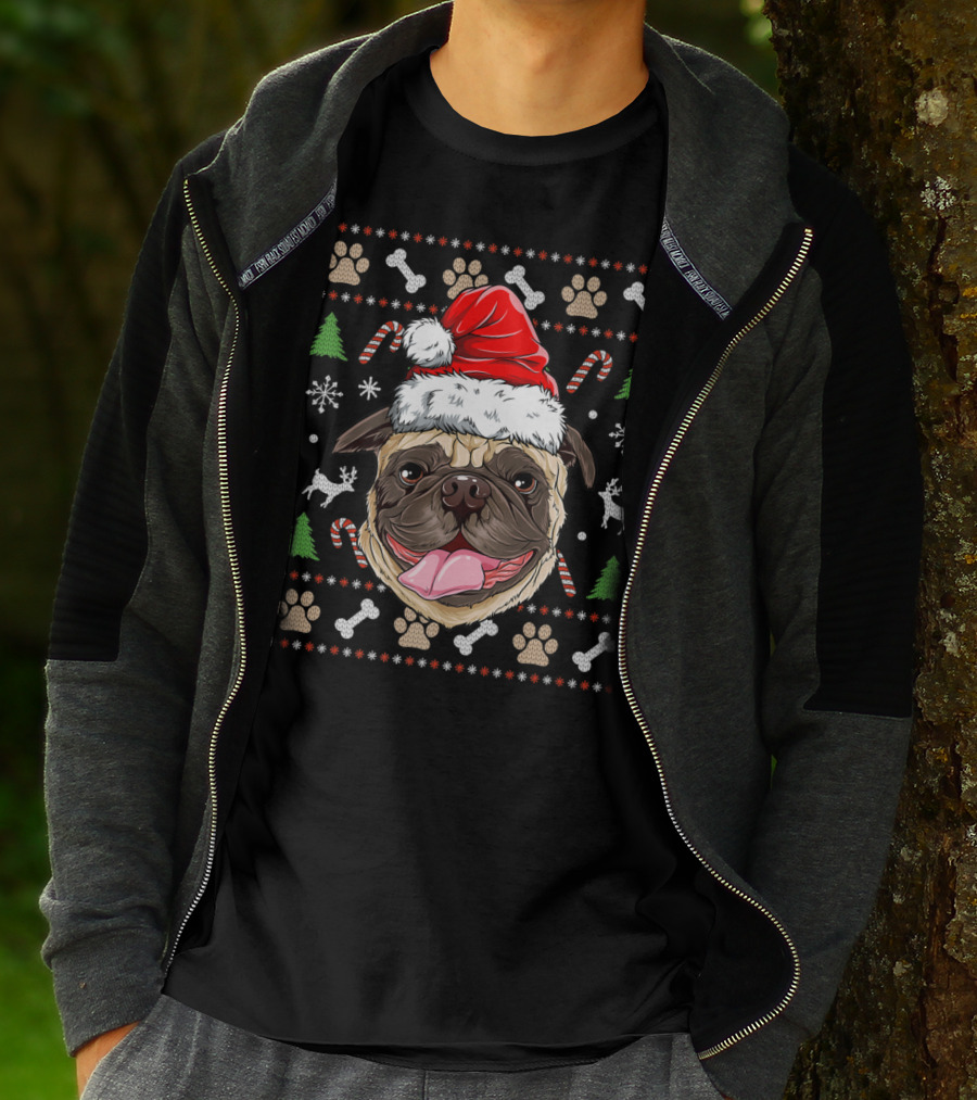 Pugmas Santa Hat Ugly Christmas Pug With Paw Prints And Candy Canes T-Shirt