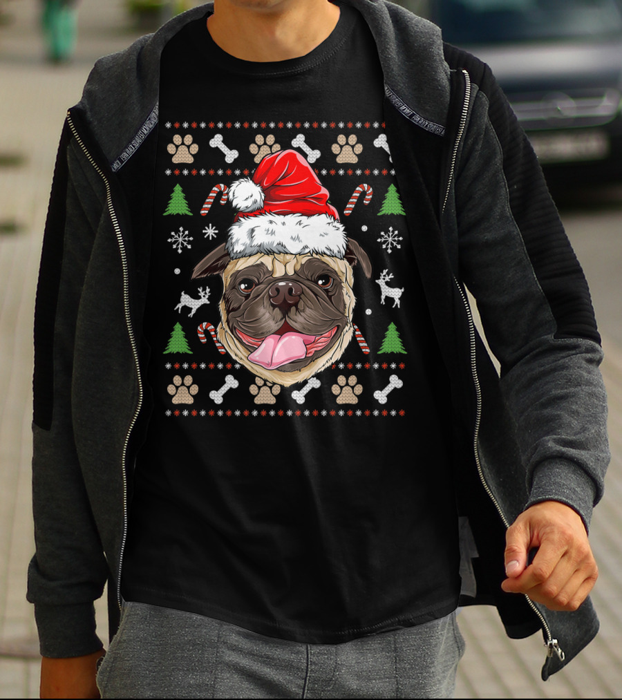 Pugmas Santa Hat Ugly Christmas Pug With Paw Prints And Candy Canes T-Shirt